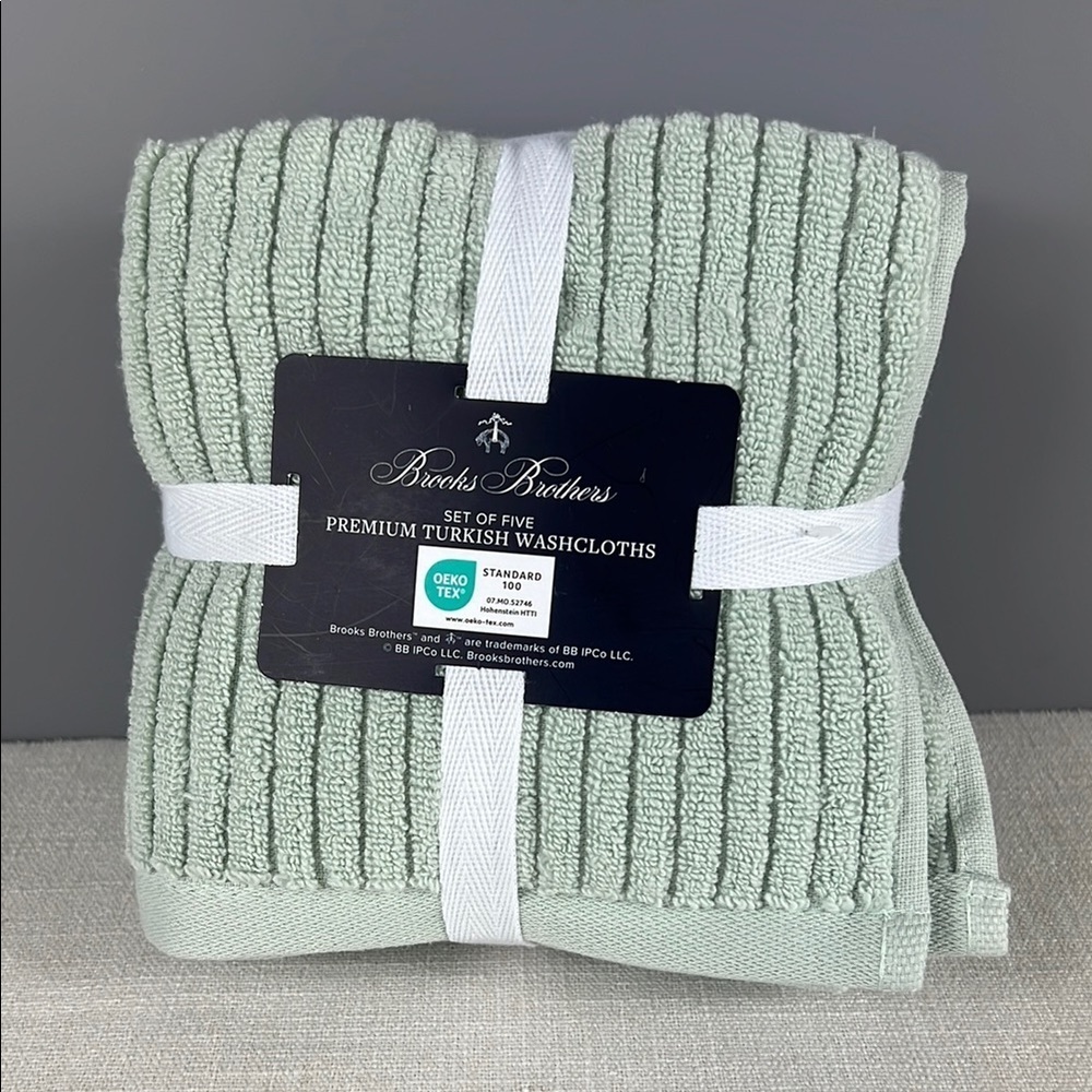 Brooks Brothers Green Turkish Washcloth Set 100% Cotton Luxury Soft 5 Pc NEW